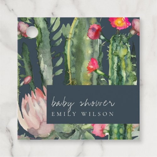 NAVY PINK FLORAL DESERT CACTI FOLIAGE BABY SHOWER FAVOR TAGS