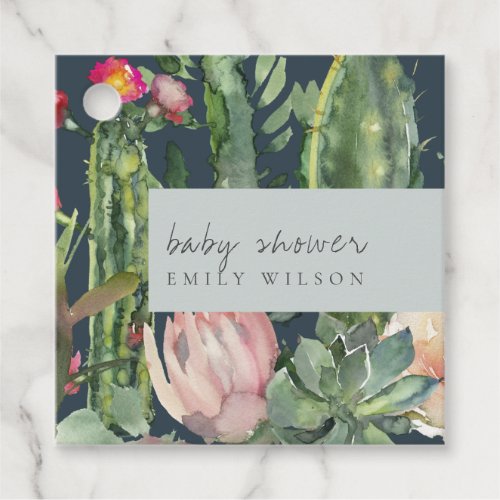 NAVY PINK FLORAL DESERT CACTI FOLIAGE BABY SHOWER FAVOR TAGS