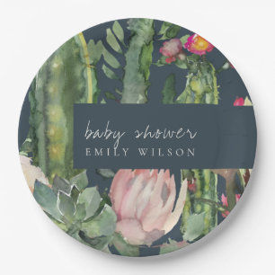 NAVY PINK FLORAL DESERT CACTI FOLIAGE BABY SHOWER PAPER PLATES