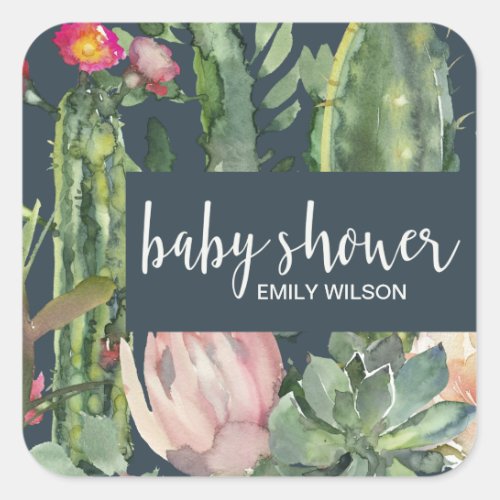 NAVY PINK FLORAL DESERT CACTI FOLIAGE BABY SHOWER SQUARE STICKER