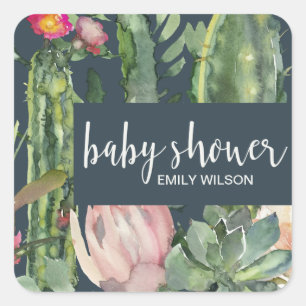 NAVY PINK FLORAL DESERT CACTI FOLIAGE BABY SHOWER SQUARE STICKER