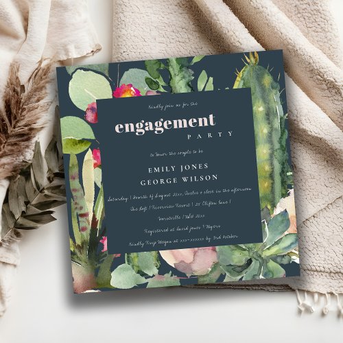 NAVY PINK FLORAL DESERT CACTI FOLIAGE ENGAGEMENT INVITATION