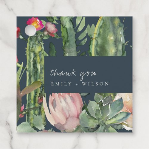 NAVY PINK FLORAL DESERT CACTI FOLIAGE THANK YOU FAVOR TAGS