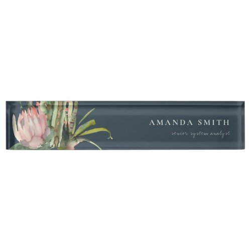 NAVY PINK FLORAL DESERT CACTI FOLIAGE WATERCOLOR DESK NAME PLATE