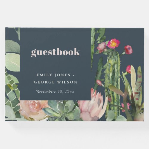NAVY PINK FLORAL DESERT CACTI FOLIAGE  WATERCOLOR GUEST BOOK