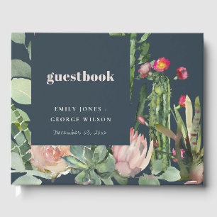 NAVY PINK FLORAL DESERT CACTI FOLIAGE WATERCOLOR GUEST BOOK