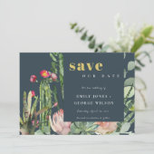 NAVY PINK FLORAL DESERT CACTI FOLIAGE WATERCOLOR SAVE THE DATE (Standing Front)
