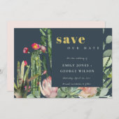 NAVY PINK FLORAL DESERT CACTI FOLIAGE WATERCOLOR SAVE THE DATE (Front/Back)