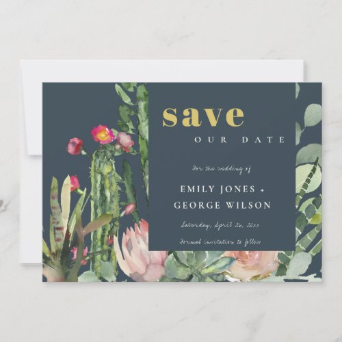 NAVY PINK FLORAL DESERT CACTI FOLIAGE WATERCOLOR SAVE THE DATE
