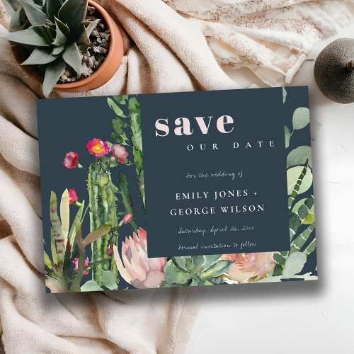 NAVY PINK FLORAL DESERT CACTI FOLIAGE WATERCOLOR SAVE THE DATE