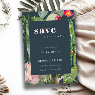 NAVY PINK FLORAL DESERT CACTI FOLIAGE WATERCOLOR SAVE THE DATE