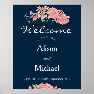 Navy pink floral elegant wedding welcome sign