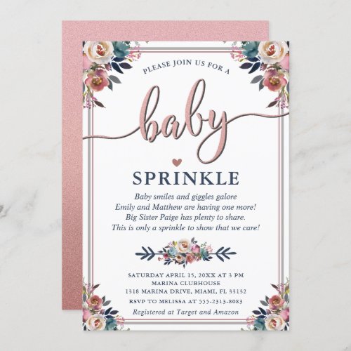 Navy Pink Floral Gender Neutral Baby Sprinkle Poem Invitation
