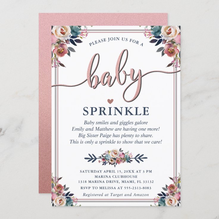 Navy Pink Floral Gender Neutral Baby Sprinkle Poem Invitation | Zazzle