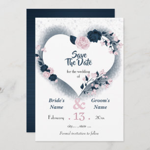 Navy & pink floral heart save the date