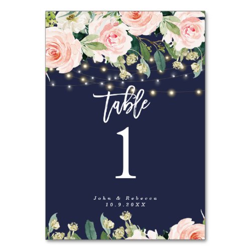 navy pink floral lights wedding table number card