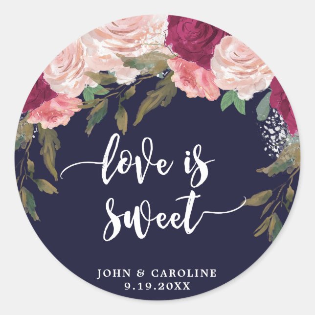 Navy pink floral love is sweet sticker favors (Front)