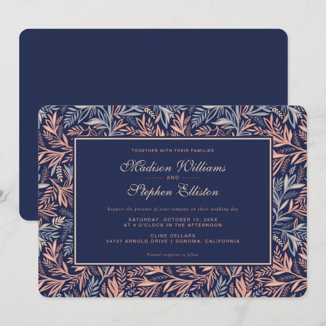 Navy & Pink Floral & Plant Pattern - Wedding Invitation (Front/Back)