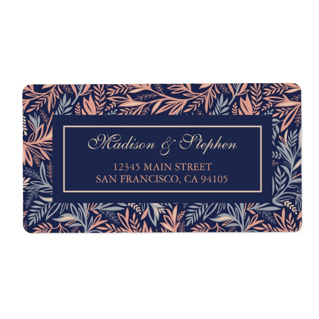 Navy & Pink Floral & Plant Pattern -  Wedding Label (Front)