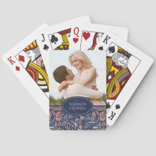 Navy & Pink Floral & Plant Pattern - Wedding Photo Poker Cards