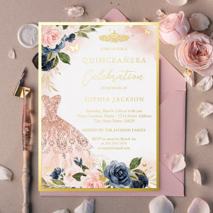 Navy Pink Floral Tiara Dress Elegant Quinceanera  Foil Invitation