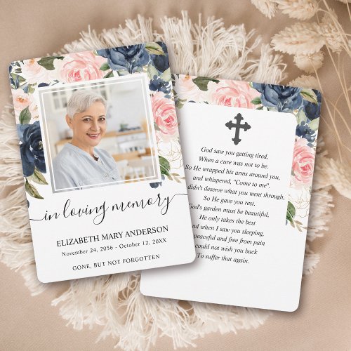 Navy Pink Floral Watercolor Funeral Prayer Card