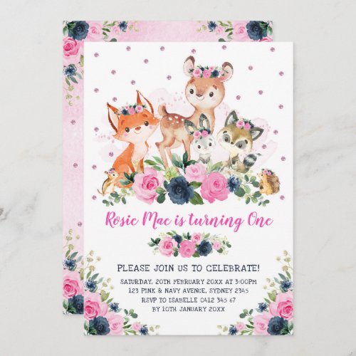 Navy Pink Floral Woodland Forest Animals Birthday Invitation