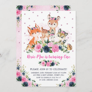 Navy Pink Floral Woodland Forest Animals Birthday Invitation