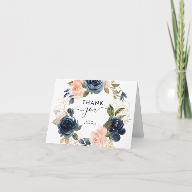 Navy Pink Floral Wreath Baby Shower Thank You Card (Front)