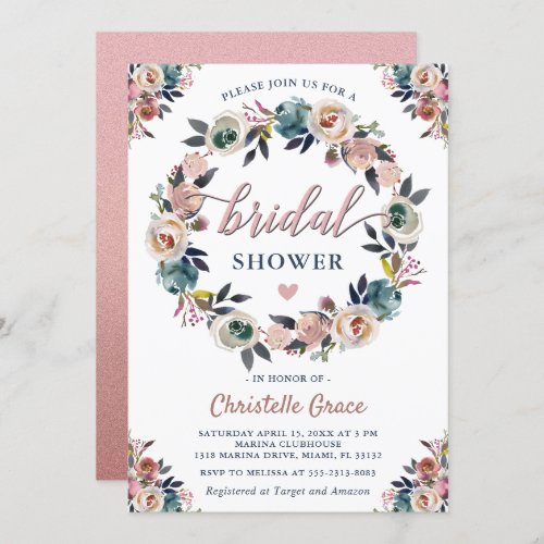 Navy Pink Floral Wreath Rose Gold Bridal Shower Invitation