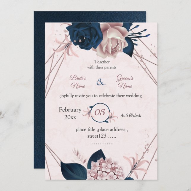 navy & pink flowers botanical geometric wedding invitation (Front/Back)