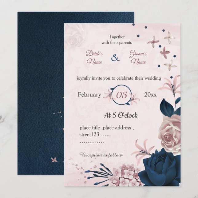 navy & pink flowers botanical wedding invitation (Front/Back)