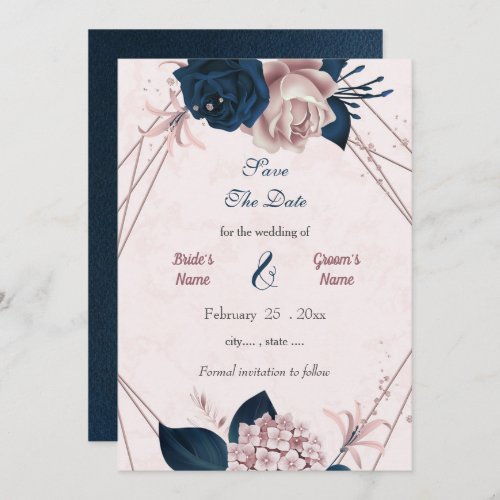 Navy  pink flowers geometric save the date