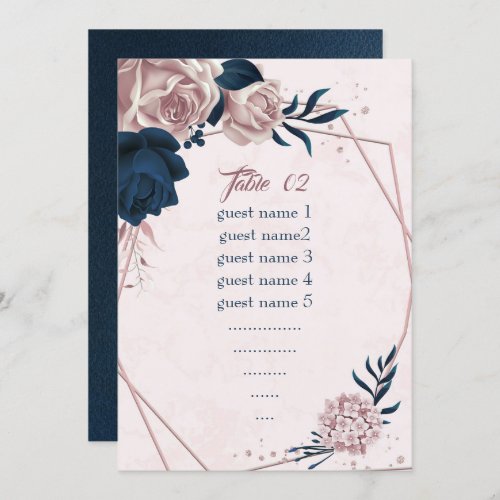 navy  pink flowers geometric seating chart card