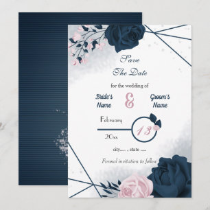 Navy & pink flowers romantic  save the date