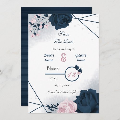 Navy  pink flowers romantic  save the date