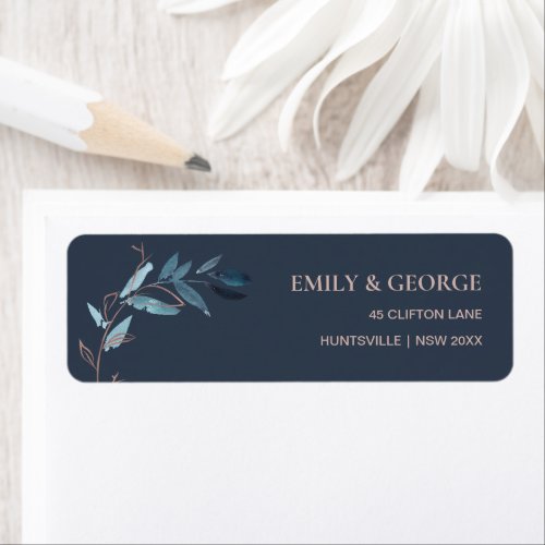 NAVY PINK FOLIAGE WATERCOLOR LEAVES BRANCH ADDRESS LABEL
