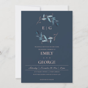NAVY PINK FOLIAGE WATERCOLOR WASH WREATH WEDDING INVITATION