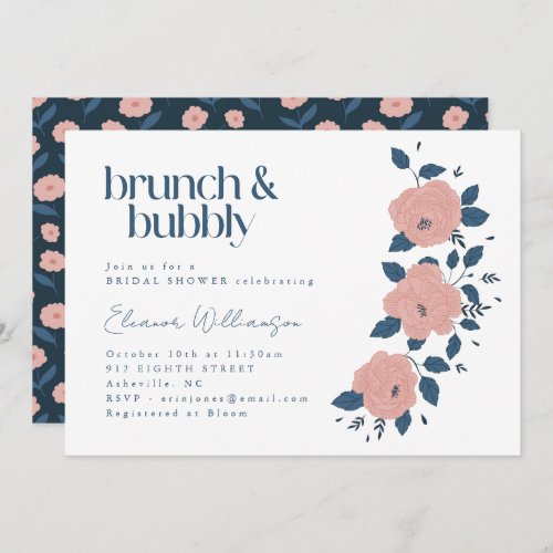 Navy Pink Garden Flower Brunch Bubbly Shower Invitation