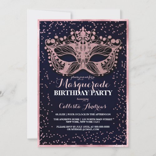 Navy Pink Glitter Confetti Masquerade Birthday Invitation