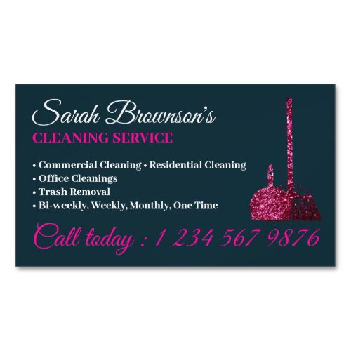 Navy Pink Glitz Glam Cleaning Service Janitorial Business Card Magnet