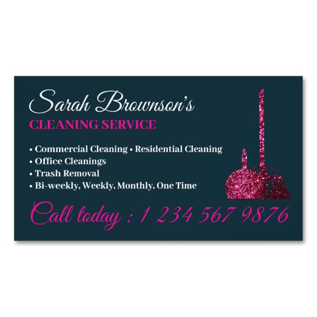 Navy Pink Glitz Glam Cleaning Service Janitorial Business Card Magnet (Front)