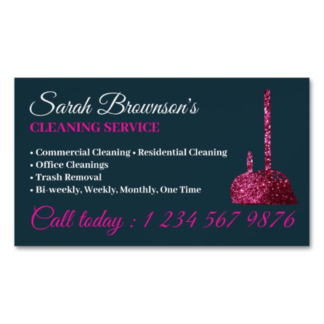 Navy Pink Glitz Glam Cleaning Service Janitorial Business Card Magnet
