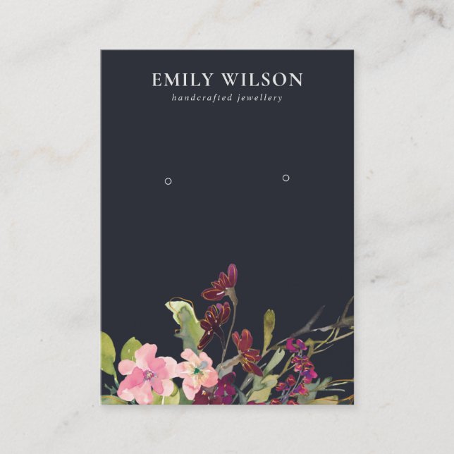NAVY PINK GOLD BURGUNDY ROSE FLORA EARRING DISPLAY BUSINESS CARD (Front)