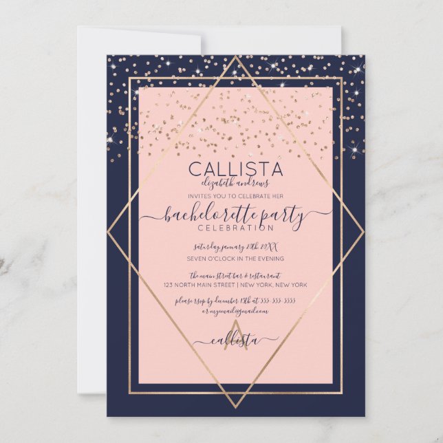 Navy Pink Gold Confetti Border Bachelorette Invitation (Front)