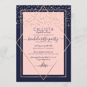 Navy Pink Gold Confetti Border Bachelorette Invitation