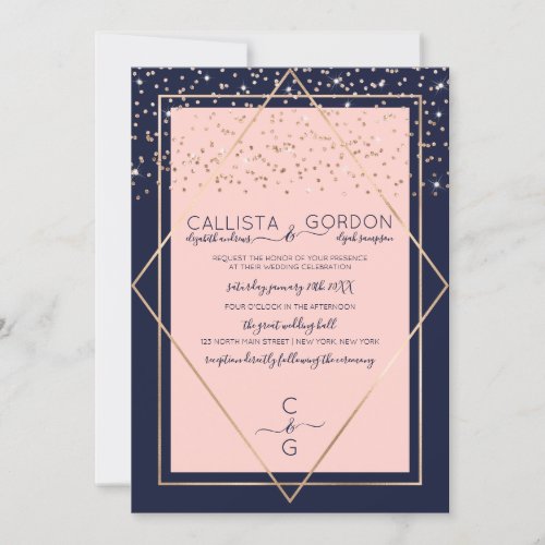 Navy Pink Gold Confetti Geo Border Wedding Invitation