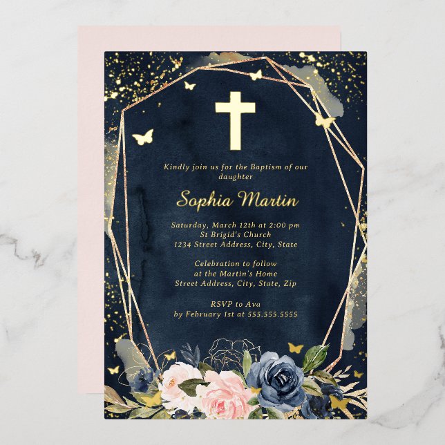 Navy Pink Gold Cross Floral Girl Baptism  Foil Invitation (Front/Back)