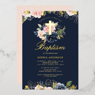 Navy Pink Gold Floral Baptism Foil Invitation