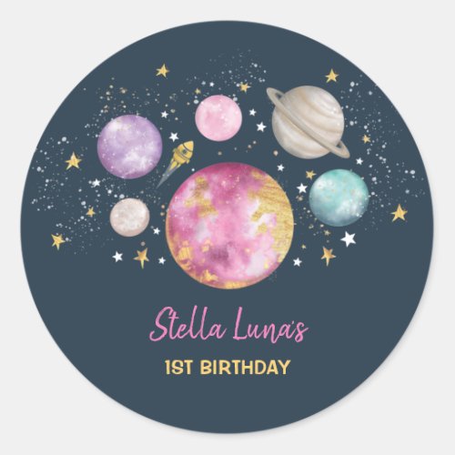 Navy Pink Gold Outer Space Girls Birthday Party Classic Round Sticker